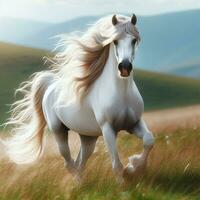 AI generated Beautiful white horse with long mane running on green meadow photo