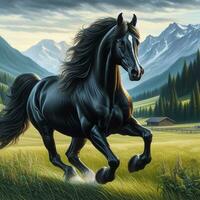 AI generated Black horse galloping on the meadow in mountains. Digital painting. photo