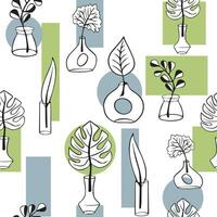 Geometric seamless pattern with vases of different shapes and leaves. Modern vases for the interior. Geometric Graphics Boho decor vector