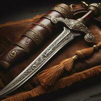 ai generado antiguo espada Clásico espada en un de madera caso en un oscuro antecedentes. foto