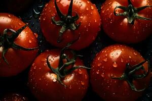 AI generated Many tomatoes with water drops, abstract background. Neural network AI generated photo