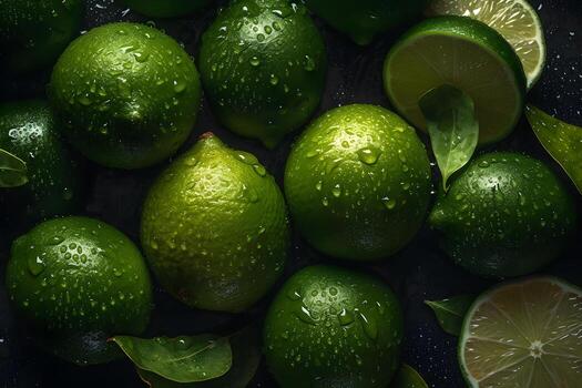 AI generated Wet Limes and slices of limes with water deops on a dark wooden background. Neural network AI generated photo