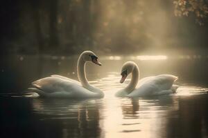 ai generado cisnes nadando en el agua en naturaleza. neural red ai generado foto