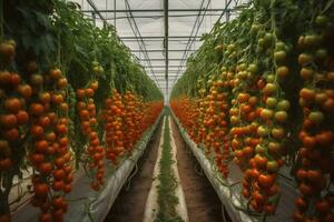AI generated Growing tomatoes in a greenhouse. Neural network AI generated photo