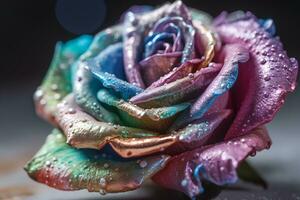 AI generated Rainbow rose with dew drops. Neural network AI generated photo