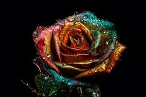 AI generated Rainbow rose with dew drops. Neural network AI generated photo