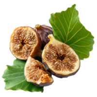 AI generated Sweet dried figs and green leaves isolated on white background. png