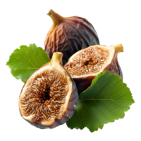 AI generated Sweet dried figs and green leaves isolated on white background. png