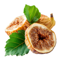 AI generated Sweet dried figs and green leaves isolated on white background. png