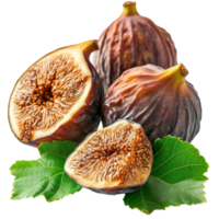 AI generated Sweet dried figs and green leaves isolated on white background. png