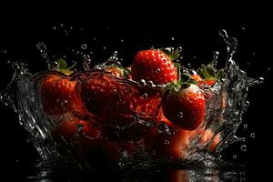 ai generado fresas y salpicaduras de agua en un negro antecedentes. neural red ai generado foto