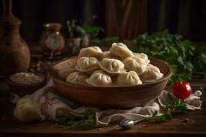 AI generated Delicious dumplings in the pot on the table. Neural network AI generated photo