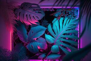 ai generado vistoso naturaleza concepto, neón vistoso de tropical hojas con neón marco, hoja de planta, creatividad y diseño. neural red ai generado foto