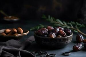 AI generated Dates on a dark background. Neural network AI generated photo