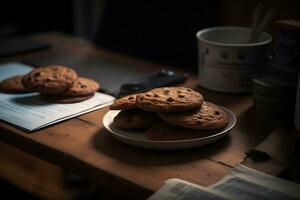 ai generado chocolate galletas en de madera mesa de cerca. neural red ai generado foto