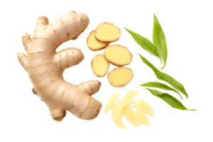 AI generated Ginger root with leaves and slices PNG