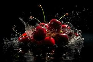 AI generated Cherries in a splash of water on a black background. Neural network AI generated photo