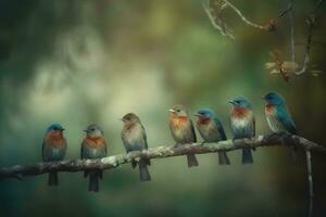 AI generated Group of birds on a branch, cold tone. Neural network AI generated photo