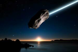 AI generated A comet, an asteroid, a meteorite falls to the ground against a starry sky. Neural network AI generated photo