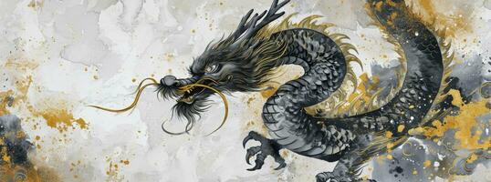 AI generated Happy New Year of the Dragon, in the style of ink wash collages, light gray and dark gold, elegant brushstrokes, decorative borders, watercolor. photo