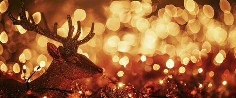 AI generated Christmas background with a christmas deer, in the style of captivating light effects, red and amber, motion blur panorama, glittery and shiny. photo