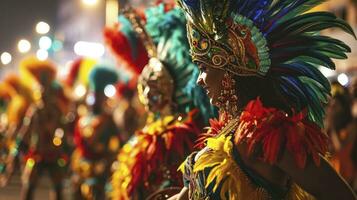 ai generado carnaval desfile en el calle en rio Delaware janeiro foto