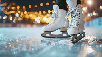 AI generated White modern skates skating on clear ice in winter. photo