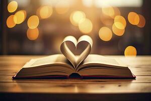 AI generated Open Book in Heart Shape on Library Table for World Book Day and Valentine Day photo