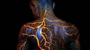 AI generated Man photo with colored luminous tattoos on her back