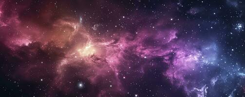 AI generated Concept of web banner. Magic color galaxy. Horizontal space background with realistic nebula, stardust and shining stars. Infinite universe and starry night sky. photo