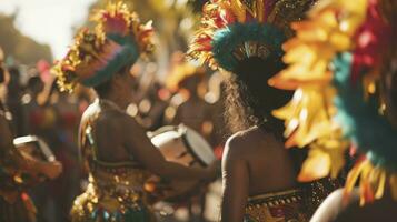 ai generado vamos danza todas nuestra nubes lejos. recortado Disparo de hermosa samba bailarines ejecutando en un carnaval con su banda. foto