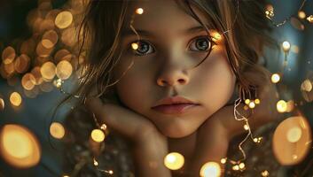 ai generado un hermosa niña poses para un foto con luces en su ojos.