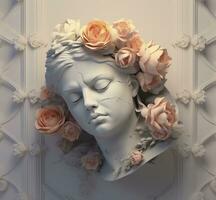 AI generated Art sculpture of a marble head is paired with roses, in the style of digital art, nostalgic illustration. photo