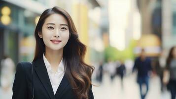 AI generated Asian business woman wearing suit walking on city street outside photo