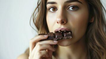 AI generated Young woman eating sweet chocolate bar on white background photo