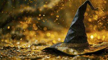 AI generated Magic Black Sorcerer Hat on Golden Fairy Dust Background ,concept carnival photo