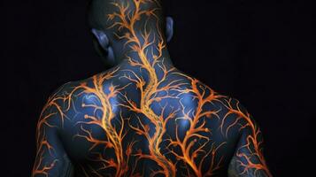 AI generated Man photo with colored luminous tattoos on her back