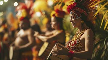 ai generado vamos danza todas nuestra nubes lejos. recortado Disparo de hermosa samba bailarines ejecutando en un carnaval con su banda. foto