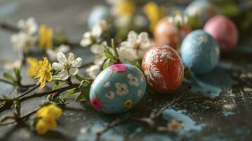 AI generated Easter eggs with flowers on table photo