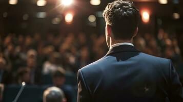 AI generated Business and entrepreneurship symposium. Speaker giving a talk at business meeting. Audience in conference hall. Rear view of unrecognized participant in audience. photo