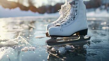 AI generated White modern skates skating on clear ice in winter. photo