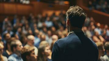 AI generated Business and entrepreneurship symposium. Speaker giving a talk at business meeting. Audience in conference hall. Rear view of unrecognized participant in audience. photo