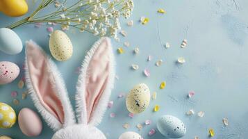 AI generated Easter party concept. Top view photo of easter bunny ears white pink blue and yellow eggs on isolated pastel blue background with copyspace in the middle