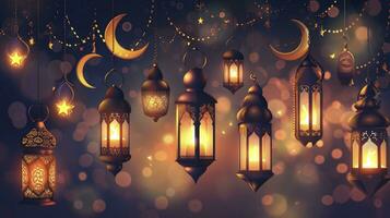 AI generated Arabic traditional Ramadan Kareem eastern lanterns garland. Muslim ornamental hanging golden lanterns, stars and moon vector illustration set. Islamic oriental style garland photo