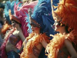 ai generado carnaval bailarines con azul y naranja pluma foto