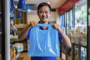 AI generated Asian man holding a blue plastic utensil in his hands in a grocery store photo