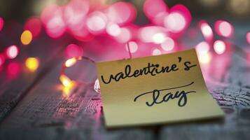 AI generated The text valentines day written on a sticky note on a wooden table against a bokeh background. photo