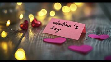 AI generated The text valentines day written on a sticky note on a wooden table against a bokeh background. photo