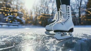 ai generado blanco moderno patines Patinaje en claro hielo en invierno. foto