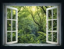 AI generated Modern house open window view forest background photo